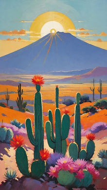 Desert Landscape Diamond Painting with Cacti, Flowers, Large Sun - DIY diamond painting artwork showcasing vibrant details and colors