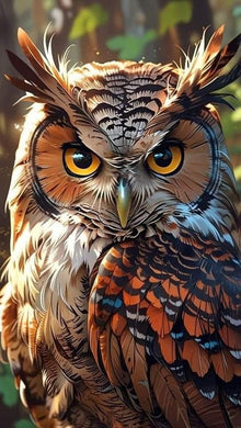 Detailed Owl Close-Up Diamond Painting with Natural Background - DIY diamond painting artwork showcasing vibrant details and colors