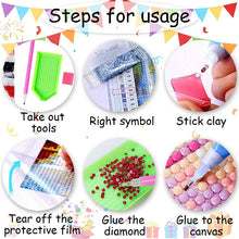 Load image into Gallery viewer, Steps for using a diamond painting kit with colorful illustrations and text.
