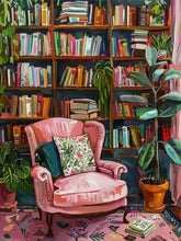 Load image into Gallery viewer, Colorful bookshelf filled with books, a pink armchair with a floral pillow, and potted plants in a cozy room.
