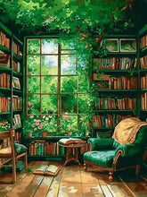 Load image into Gallery viewer, Cozy room with bookshelves, green armchair, and large window with garden view

