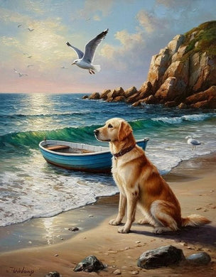Dog sitting on a beach with a boat and seagulls in the backg diamond painting with artistic design