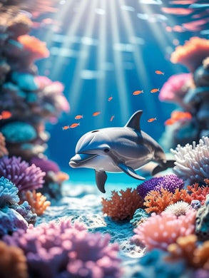 Dolphin swimming among colorful coral in an underwater scene diamond painting with artistic design