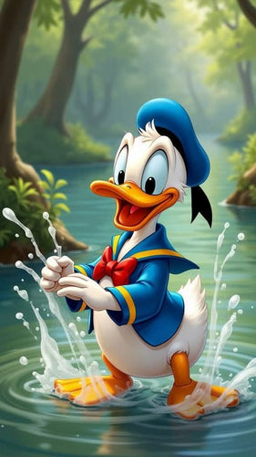 Donald Duck Diamond Painting in Blue Outfit with Forest Background - DIY diamond painting artwork showcasing vibrant details and colors