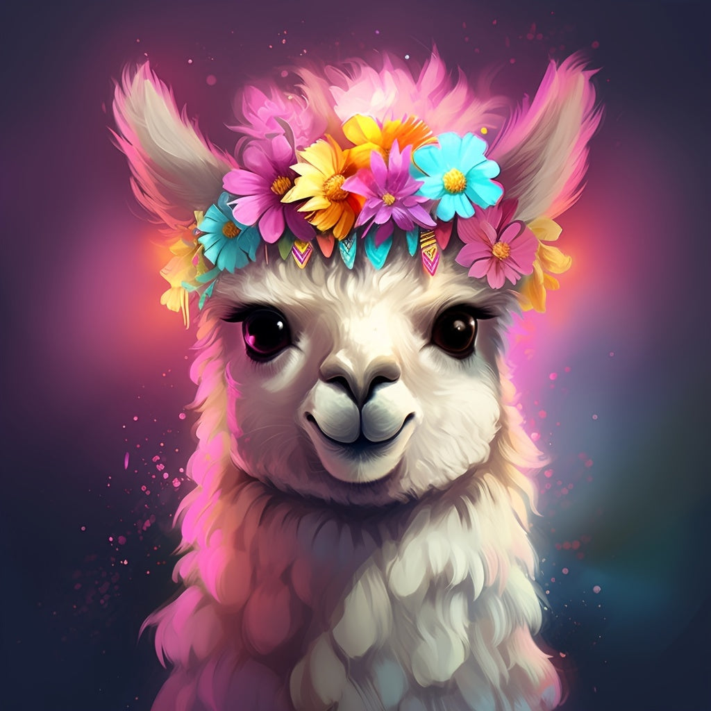 Alpaca With Flowers On Head - Crystal Canvas Diamond Painting