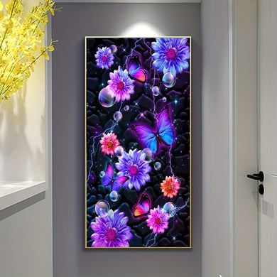 5D DIY Large Size Round Flower Purple Flower Butterfly Embroidery Art Picture  40x70CM/15.75x27.56inch