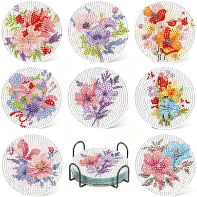 Floral diamond painting coasters DIY 8pcs round 5D flower art kit