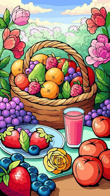 Fruit Basket & Juice Diamond Painting with Flowers and Blue Sky - DIY diamond painting artwork showcasing vibrant details and colors