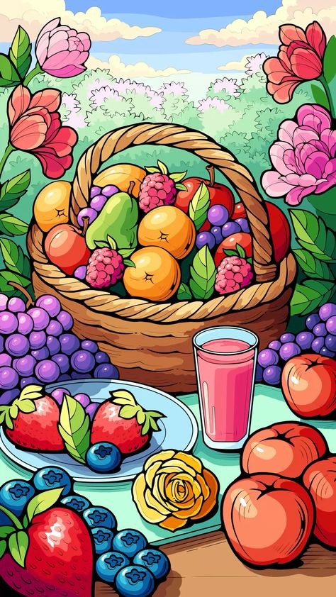 Fruit Basket & Juice Diamond Painting with Flowers and Blue Sky - DIY diamond painting artwork showcasing vibrant details and colors