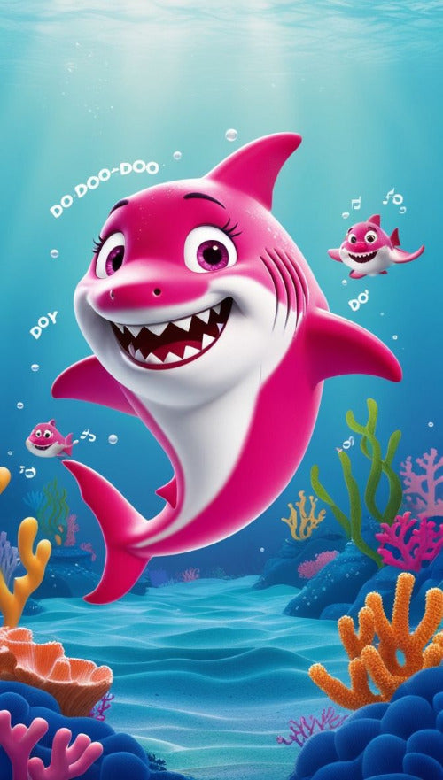 Child smiling with completed glow-in-the-dark shark diamond art