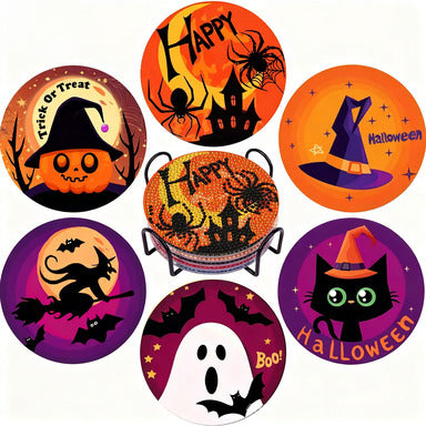 Halloween Diamond Painting Coasters DIY 5D Spooky Art Kit with Holder