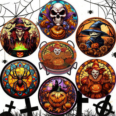 Halloween Diamond Painting Coasters DIY 5D Art Kit with Holder