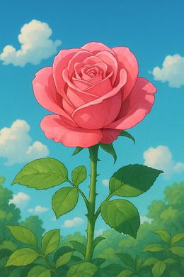 Illustration of a pink rose with green leaves against a blue diamond painting with artistic design