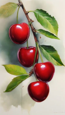 Illustration of cherries on a branch with green leaves diamond painting with artistic design