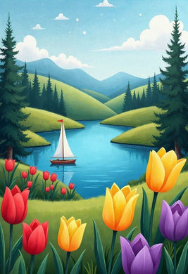 Landscape with sailboat on a lake diamond painting with artistic design