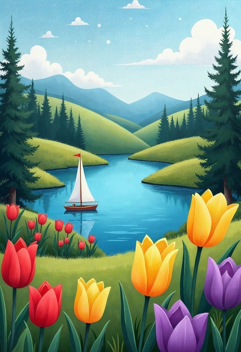 Landscape with sailboat on a lake diamond painting with artistic design