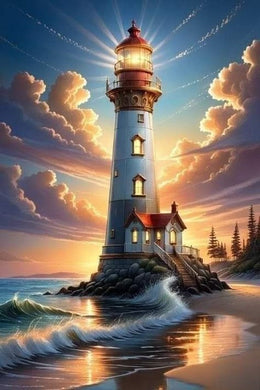 Lighthouse on Rocky Shore Diamond Painting at Sunset or Sunrise - DIY diamond painting artwork showcasing vibrant details and colors
