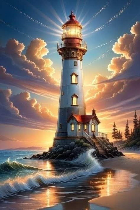 Lighthouse on Rocky Shore Diamond Painting at Sunset or Sunrise - DIY diamond painting artwork showcasing vibrant details and colors