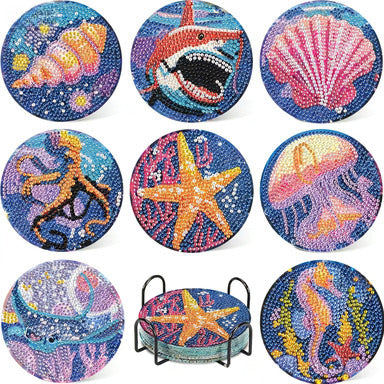 Marine-Themed Diamond Painting Coasters DIY 5D Art Kit with Holder