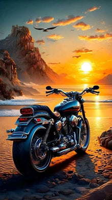 Motorcycle on Beach at Sunset Diamond Painting with Mountains - DIY diamond painting artwork showcasing vibrant details and colors