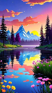 Mountain Lake Sunset Landscape Diamond Painting with Trees, Flowers - DIY diamond painting artwork showcasing vibrant details and colors