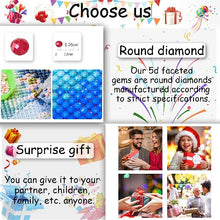 Load image into Gallery viewer, Promotional image with text about round diamonds and surprise gifts, featuring colorful graphics and images of people.
