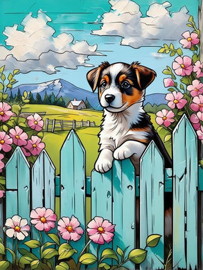 Painting of a puppy on a blue fence with flowers and mountai diamond painting with artistic design