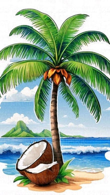 Palm Tree with Coconuts Diamond Painting on Beach with Mountains - DIY diamond painting artwork showcasing vibrant details and colors