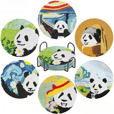 Panda diamond painting coasters DIY 8pcs round 5D art kit with storage holder