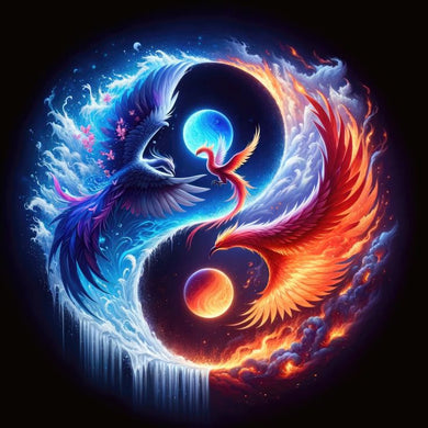 Phoenix Yin-Yang Diamond Painting Kit with Sun, Moon, Fire, and Water Elements