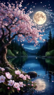 Pink Blossom Tree by Lake Diamond Painting Under a Full Moon - DIY diamond painting artwork showcasing vibrant details and colors