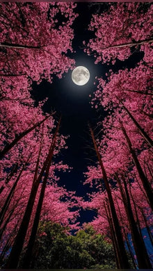Pink Cherry Blossom Trees Diamond Painting Under a Full Moon Sky - DIY diamond painting artwork showcasing vibrant details and colors