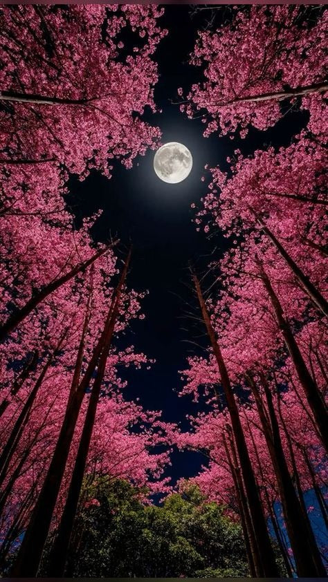 Pink Cherry Blossom Trees Diamond Painting Under a Full Moon Sky - DIY diamond painting artwork showcasing vibrant details and colors