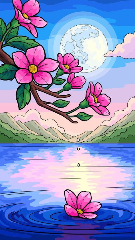 Pink Floral Mountain Landscape Diamond Painting with Water Reflection - DIY diamond painting artwork showcasing vibrant details and colors