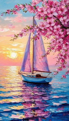 Pink Sailboat at Sunset Diamond Painting with Cherry Blossoms - DIY diamond painting artwork showcasing vibrant details and colors