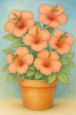 Potted Plant Diamond Painting with Peach Flowers and Green Leaves - DIY diamond painting artwork showcasing vibrant details and colors