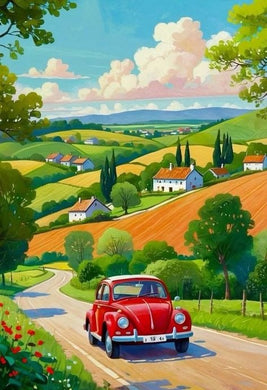 Red car on a country road with green hills and houses in the diamond painting with artistic design