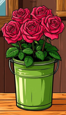 Red Roses in Green Bucket Diamond Painting on Wooden Surface - DIY diamond painting artwork showcasing vibrant details and colors