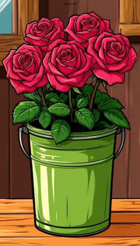 Red Roses in Green Bucket Diamond Painting on Wooden Surface - DIY diamond painting artwork showcasing vibrant details and colors