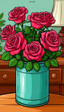 Red Roses in Teal Vase Diamond Painting on Wooden Surface Art - DIY diamond painting artwork showcasing vibrant details and colors