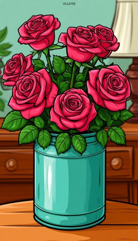 Red Roses in Teal Vase Diamond Painting on Wooden Surface Art - DIY diamond painting artwork showcasing vibrant details and colors