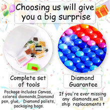 Load image into Gallery viewer, Promotional image of diamond painting kit with tools and materials, featuring text about a &#39;Diamond Guarantee&#39;.
