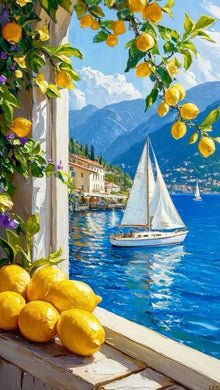 Sailing Boat on Lake Diamond Painting with Lemon Trees & Mountains - DIY diamond painting artwork showcasing vibrant details and colors