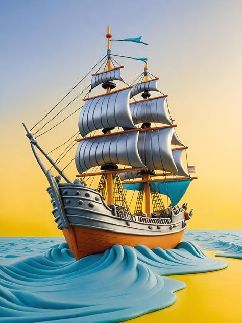 Sailing ship on waves with a gradient sky background diamond painting with artistic design