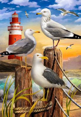 Seagulls perched on a wooden post with a lighthouse and ocean in the background