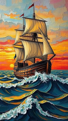 Ship on Choppy Waters Diamond Painting with Colorful Sunset Sky - DIY diamond painting artwork showcasing vibrant details and colors