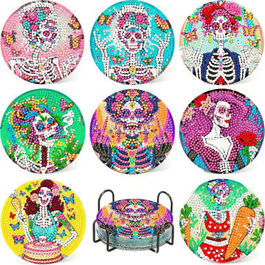 Skeleton Diamond Painting Coasters DIY 5D Art Kit with Holder