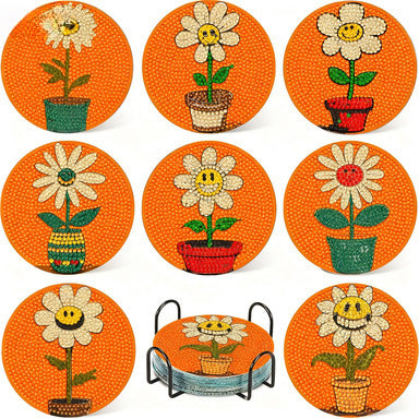 Smiling Flower Diamond Painting Coasters DIY 5D Art Kit with Holder