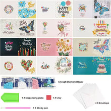 Load image into Gallery viewer, Complete Snowflake Christmas greeting card DIY kit with 12 cards, envelopes, diamonds, tray, pen, and clay
