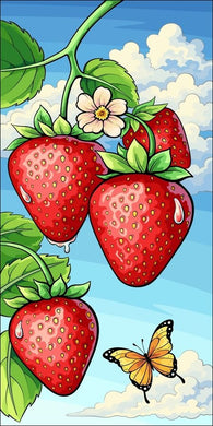 Strawberries with Butterfly Diamond Painting on Blue Sky Background - DIY diamond painting artwork showcasing vibrant details and colors